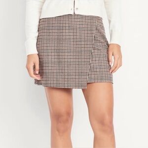 Old Navy High-Waisted Wrap-Front Patterned Mini Skirt in Small Brown Plaid